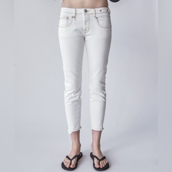 R13 Boy Skinny Ankle Jean Garret White Distressed Hems Denim Designer Women’s - Picture 1 of 15